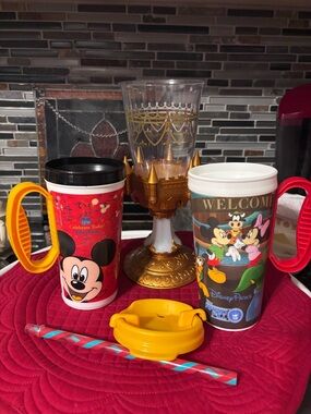 Set of 3 Disney Parks Mickey & Friends & a light up Cinderella’s Castle glass.